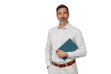 Confident businessman holding a digital tablet with a teal cover, smiling at the camera. Transparent background