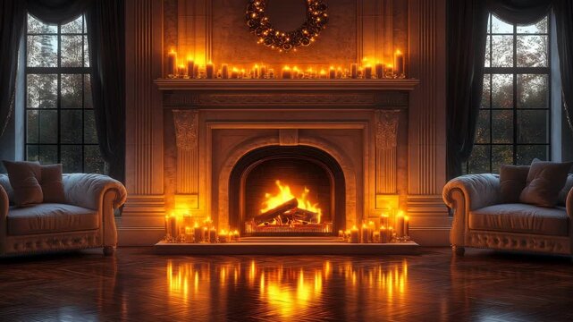 Luxurious holiday video background of a cozy and elegant living room with a burning fireplace and glowing candles.