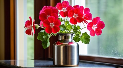 A vase of red flowers sits on a window sill