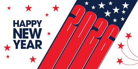  2026 - Souhaiter la nouvelle année avec cette bannière au graphisme dynamique, inspirée du drapeau américain- texte anglais.