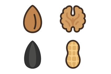 Fototapeta premium Set of popular nuts and seeds icons including almond, walnut, sunflower seed, and peanut