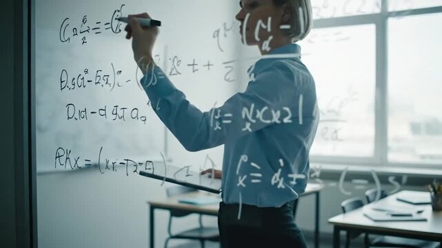 An adult writes complex math formulas on a transparent glass board, glowing reflections on their face. 