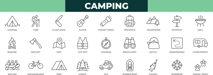 Camping line icon set featuring tents,compass, map, exploration, planning, solar, lodging, survival, ,backpacks, and outdoor essentials for adventure, and nature projects.