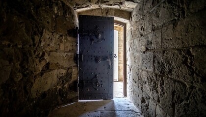 A stone-walled corridor leads to a heavy, bolted door, open to reveal another passage and light. Shadows dominate