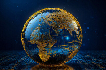 Golden Digital Globe over Circuit Surface – Symbol of Global Technology, Connectivity, Data Networks, and Futuristic Innovation with Wireframe Earth and High-Tech Background