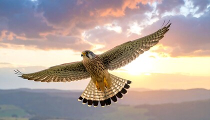 A raptor, wings outstretched, soars against a dramatic sunset. The bird's details are crisp with soft colors. Hills form the backdrop