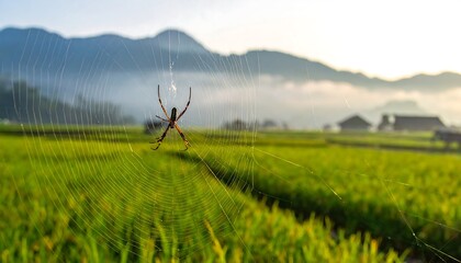 A spider rests center in its intricate web, sunlit against a blurred backdrop of rice fields and mountains, bathed in morning light