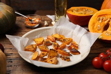 Baked pumpkin and ingredients on wooden table, closeup