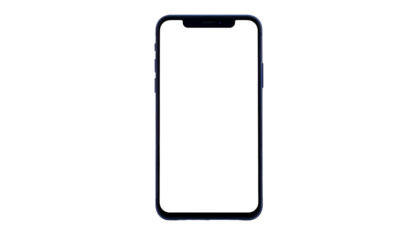 Blue-hued, sleek smartphone against a black background. Front-facing, screen unlit