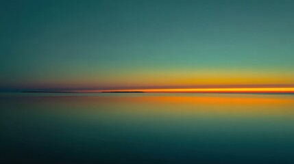 tranquil seascape at dusk, glowing line of horizon, smooth water surface, ethereal twilight light, deep peaceful silence