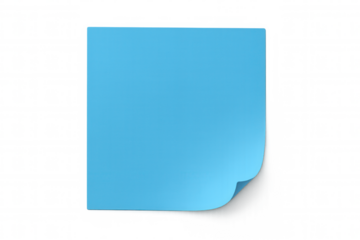 Blue sticky note with curled corner on transparent background, a blank reminder for tasks and messages