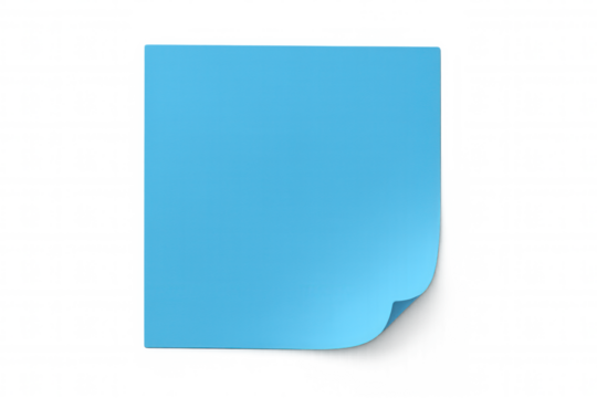 Blue sticky note with curled corner on transparent background, a blank reminder for tasks and messages