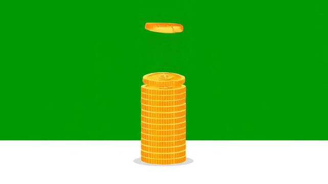 Gold coins falling in a stack on a green background animation with finance, investment, banking, and accounting, asset management, financial growth, savings tips.