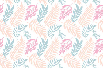 Soft pastel leaf seamless pattern with pink and blue botanical design on white background, perfect for fabric, wallpaper, wrapping paper, and elegant decorative art projects.