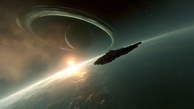 Epic spaceship soaring through the cosmos near a planet with rings, dramatic space exploration scene, a vibrant future