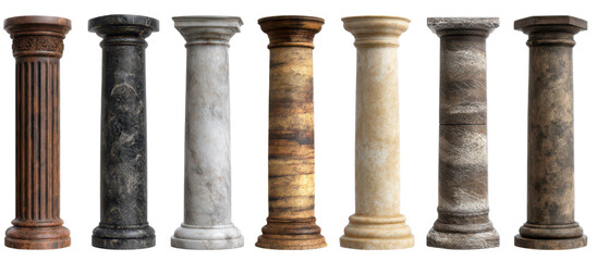 Fototapeta premium Collection of classical column designs in various materials Isolate on Transparent Background, png
