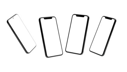 Four modern, black-framed smartphones with blank screens, isolated on a black background