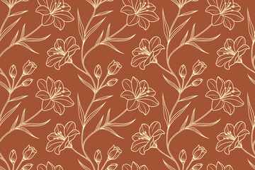 Elegant beige floral seamless pattern with delicate outline flowers on terracotta background, ideal for wallpaper, textile design, wrapping paper, and vintage decorative art projects.