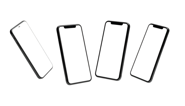 Four modern, black-framed smartphones with blank screens, isolated on a black background