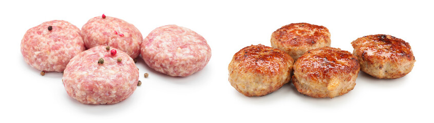 Meat patties isolated on white, collage. Raw and roasted cutlets