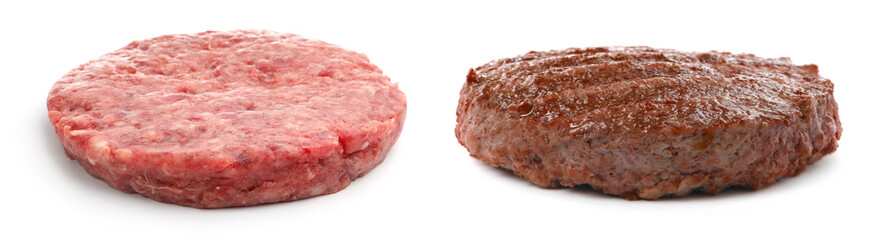 Meat patty isolated on white, collage. Raw and grilled cutlet