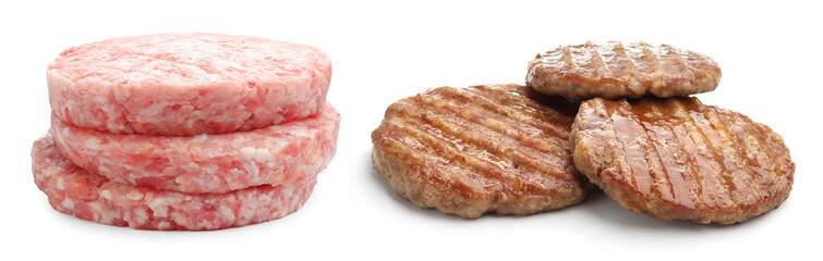 Meat patties isolated on white, collage. Raw and grilled cutlets