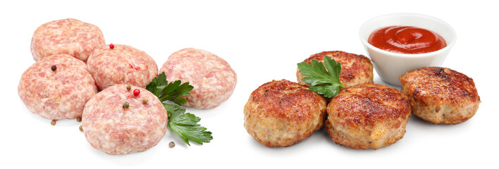 Meat patties isolated on white, collage. Raw and roasted cutlets