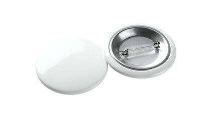 Two white blank round buttons. One front view and one back with pin clasp detail