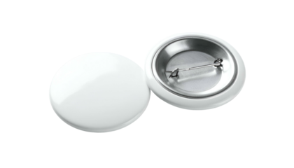 Two white blank round buttons. One front view and one back with pin clasp detail