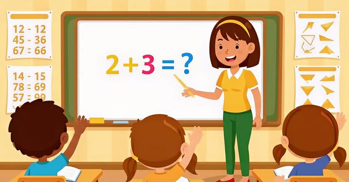 Illustration of a teacher pointing to a math problem on a whiteboard in a classroom.