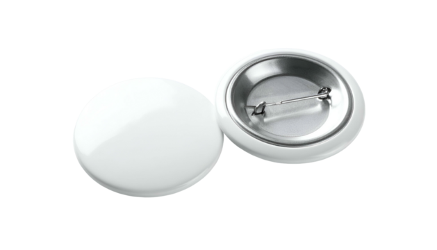 Two white blank round buttons. One front view and one back with pin clasp detail