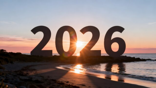 Sunset beach with large 2026 numbers