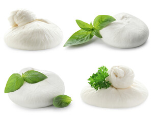 Delicious burrata cheese isolated on white, set