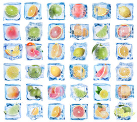 Citrus fruits in ice cubes isolated on white, set