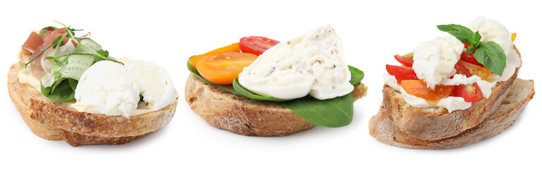 Sandwiches with burrata cheese isolated on white, set