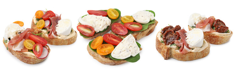 Sandwiches with burrata cheese isolated on white, set