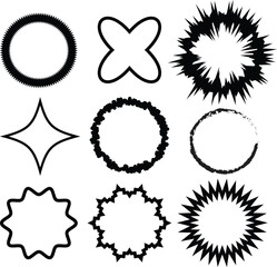 Abstract geometric frame shapes collection in black, decorative outline badges, circular and starburst vector borders, modern label elements for logo, sticker, and graphic design