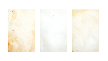 Three isolated rectangular papers, each aged with varying stains & borders, set against black