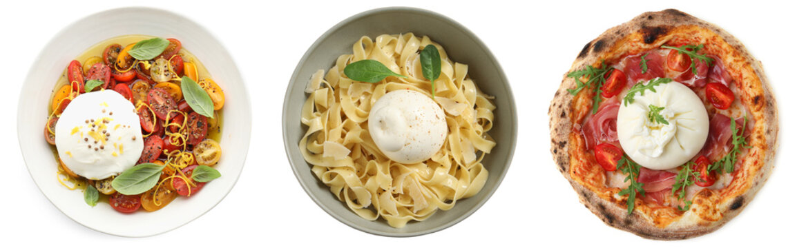 Different dishes with burrata cheese isolated on white, set. Top view - Powered by Adobe