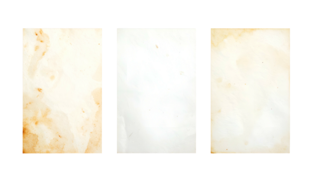 Three isolated rectangular papers, each aged with varying stains & borders, set against black