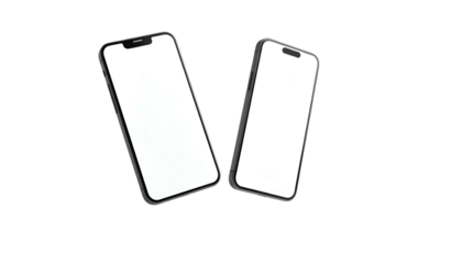 Two smartphones with blank white screens floating against a black background