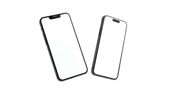Two smartphones with blank white screens floating against a black background