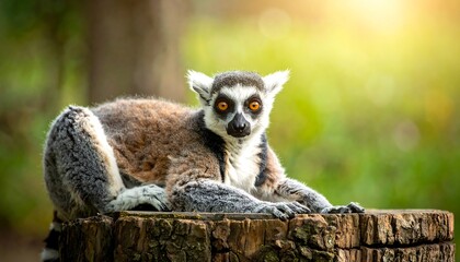 Naklejka premium A ring-tailed lemur with striking orange eyes sits atop a tree stump, gazing at the camera. The background is blurred with sunlight filtering through foliage