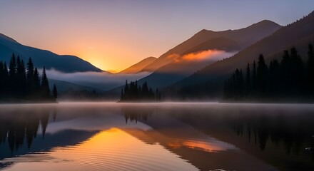 Fototapeta premium Serene Natural Landscape Reflection of Mountain and Forest on Lake at Sunrise