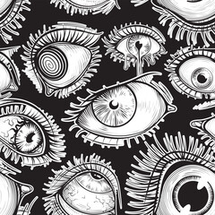Vector Black and White Abstract Eyes Seamless Pattern