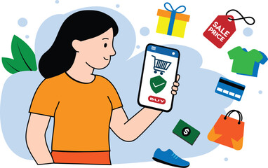 Online Shopping Illustration | Woman Using Smartphone for E-commerce, Digital Payment, Sale, Discount, Mobile App Purchase, Secure Transaction, and Internet Retail Concept
