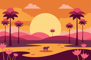 Sunset landscape with palm trees and animal
