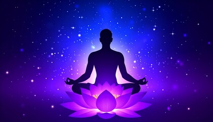 A silhouette of a person in lotus position meditates on a purple lotus flower against a galaxy background