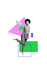 Composite collage picture image of young female wind up toy key dancing puppet marionette...