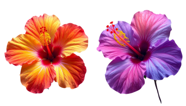 Red-brown hibiscus blooms with vibrant multi-colored petals isolated on transparent background